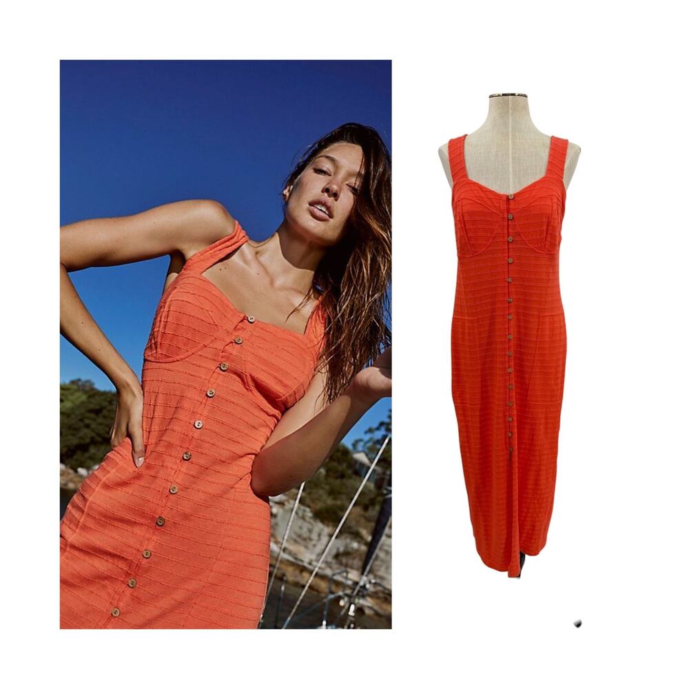 Free People Beach Lafayette Midi Dress Capri Orange Button Front Size Medium